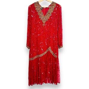 Vintage Gold Star Red 100% Silk Fully Beaded Midi Length Dress Women's Size S